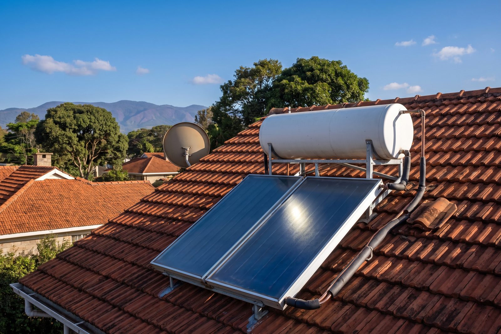 Flat-plate solar water heater with a white tank on a red tile roof in Nairobi