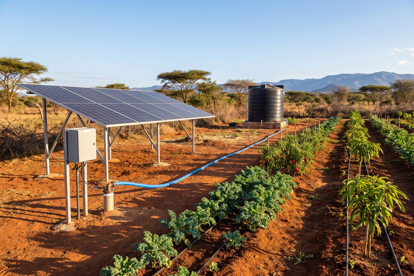 Solar panels powering a borehole pump that irrigates vegetable rows on a Makueni farm